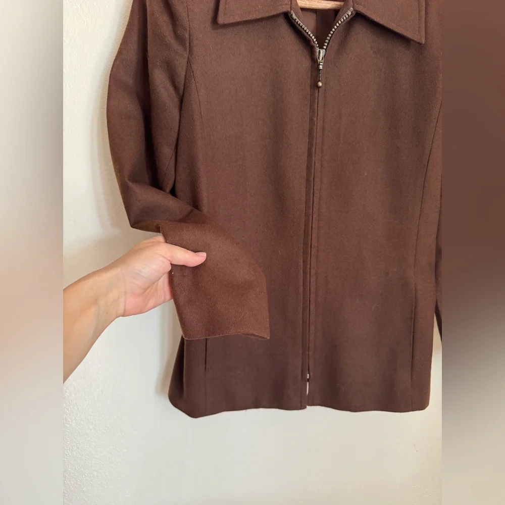 Sag Harbor Petite 100% Pure New Wool Zip-Up Jacket Brown 4 Vintage Minimalist